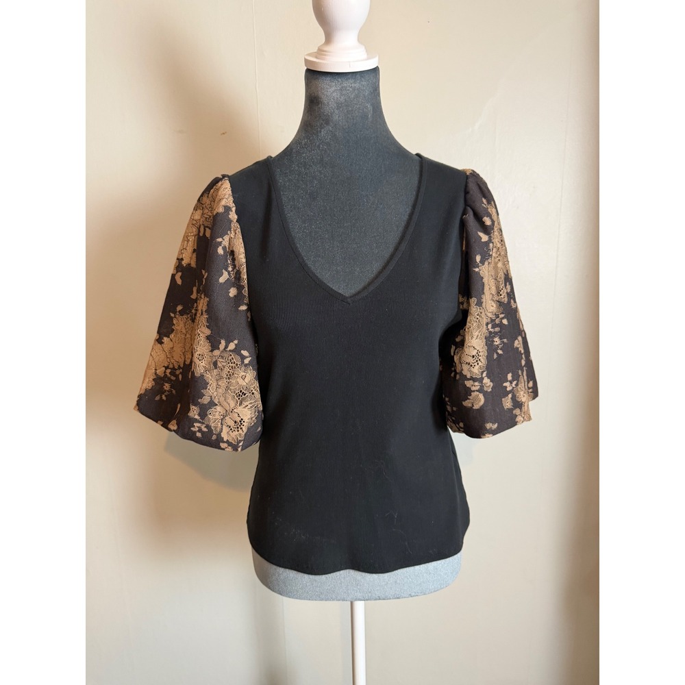 Dolan Left Coast Black V-Neck Rib Knit Puff Sleeve ren fair romantic top mod S
